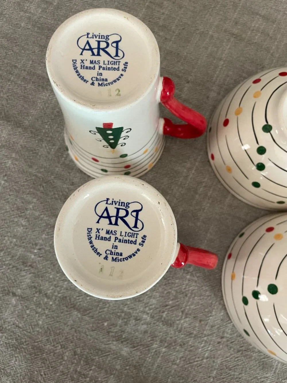 Living Art Holiday Christmas Lights Hand Painted Ceramic Bowls & Mugs Set of 5!